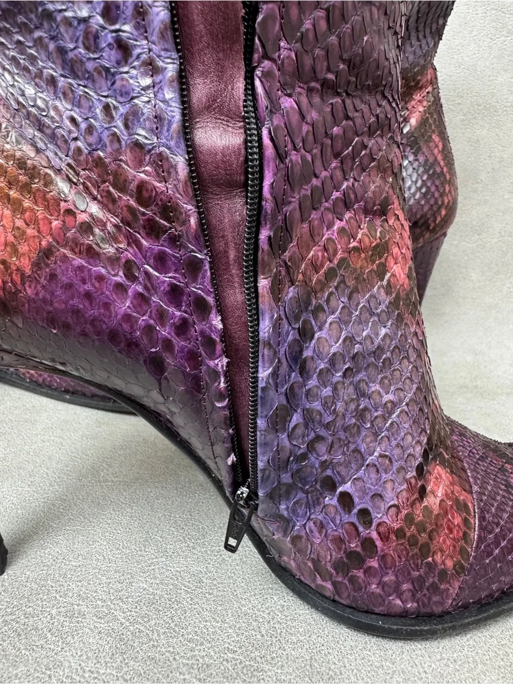 Mario Valentino Purple & Red Snakeskin Pointed-Toe Ankle Boots